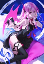 1girl black_gloves black_thighhighs demon_girl demon_horns demon_wings engage_kiss gloves hair_between_eyes horns kisara_(engage_kiss) long_hair looking_at_viewer lying on_side pink_eyes pink_hair signature single_horn single_wing solo thighhighs tiv wings