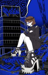 1girl anklet black_dress blue-tinted_eyewear blue_background blue_nails brown_hair cleavage_cutout clothing_cutout dress ear_piercing eyelashes feet foreshortening full_body glasses graffiti hand_on_own_knee high_heel_sandals highres jewelry looking_at_viewer may_(may_lee8) nail_polish niijima_makoto outdoors persona persona_5 piercing red_eyes sandals short_hair sitting sleeves_past_wrists smile solo stairs tinted_eyewear toenail_polish toenails toes