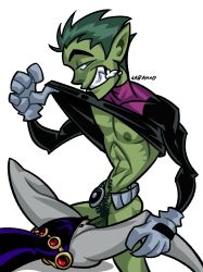1boy 1girl abs beast_boy_(dc) cartoony colored_skin couple dc_comics drooling green_eyes green_hair green_skin happy looking_at_viewer nipples penis pubic_hair pussy raven_(dc) sex smile smug teen_titans thick_thighs thighs uncensored vaginal white_background