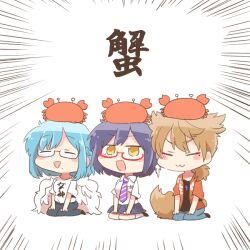 1boy 2girls :d animal animal_ears animal_on_head black-framed_eyewear black_shirt blue_hair blue_pants blue_skirt blush_stickers brown_eyes brown_hair chibi collared_shirt crab diagonal-striped_clothes diagonal-striped_necktie emphasis_lines fushimi_gaku fushimi_gaku_(2nd_costume) glasses hawaiian_shirt kemonomimi_mode long_hair low_ponytail moira_(nijisanji) mole mole_under_mouth multiple_girls necktie nijisanji on_head open_clothes open_mouth open_shirt pants pleated_skirt ponytail purple_hair rebecca_(keinelove) red-framed_eyewear red_shirt school_uniform seiza semi-rimless_eyewear shirt shizuka_rin shizuka_rin_(3rd_costume) short_sleeves simple_background sitting skirt smile striped_clothes tail translation_request under-rim_eyewear virtual_youtuber white_background white_shirt