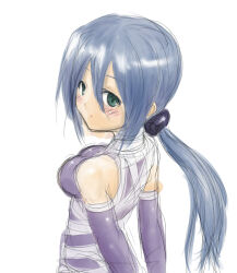 Rule 34 | 1girl, 2000s (style), arms behind back, assassin (ragnarok online), bandages, bandages over clothes, blue hair, blush, breasts, closed mouth, commentary request, elbow gloves, expressionless, from behind, gloves, green eyes, long bangs, long hair, looking at viewer, looking back, low ponytail, medium breasts, ponytail, purple gloves, purple shirt, rafoll, ragnarok online, shirt, simple background, sketch, sleeveless, sleeveless shirt, solo, upper body, white background
