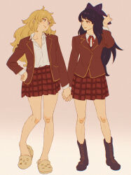 2girls 55bata6rou black_boots black_hair blake_belladonna blazer blonde_hair boots bow breasts brown_jacket cleavage collared_shirt eye_contact full_body hair_bow hand_on_own_hip hand_up highres holding_hands jacket long_hair long_sleeves looking_at_another multiple_girls neck_ribbon plaid_clothes plaid_skirt pleated_skirt purple_eyes red_ribbon red_skirt ribbon rwby school_uniform shirt skirt slippers smile standing white_shirt yang_xiao_long
