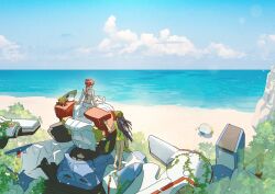 2girls amate_yuzuriha baseball_cap beach beach_umbrella bikini black_hair cloud commentary conch_(gundam) foliage gquuuuuux gundam gundam_gquuuuuux haro hat kitsune_(ly_howe) long_hair mecha multicolored_hair multiple_girls nyaan_(gundam_gquuuuuux) ocean one-piece_swimsuit overgrown plant red_hair robot sand short_hair sitting sitting_on_mecha sun_hat swimsuit symbol-only_commentary tree two-tone_hair umbrella vines water white_bikini yellow_one-piece_swimsuit
