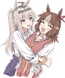 2girls :d ahoge animal_ears averting_eyes belno_light_(umamusume) black_hair blue_eyes brown_hair brown_scrunchie bullfalk collared_shirt diagonal-striped_clothes diagonal-striped_necktie dress_shirt grey_hair hair_ornament highres horse_ears horse_girl hug letter_hair_ornament long_sleeves looking_at_another loose_necktie medium_hair multicolored_hair multiple_girls necktie nervous_sweating notice_lines oguri_cap_(umamusume) open_mouth orange_necktie red_sweater_vest scrunchie shirt simple_background smile streaked_hair striped_clothes sweat sweater_vest trembling umamusume umamusume:_cinderella_gray v-shaped_eyebrows white_background white_shirt wrist_scrunchie