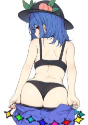 Rule 34 | 1girl, ass, back, black bra, black hat, black panties, blue hair, bra, commentary request, from behind, hat, hat ornament, highres, hinanawi tenshi, kentorlark, leaf hat ornament, looking at viewer, looking back, panties, peach hat ornament, red eyes, simple background, solo, touhou, underwear, undressing, white background