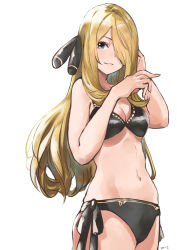 1girl bare_arms bare_shoulders bikini black_bikini blonde_hair blue_eyes breasts cleavage commentary_request cowboy_shot cynthia_(pokemon) e-co female_focus groin hair_ornament hair_over_one_eye long_hair looking_at_viewer medium_breasts navel nintendo pokemon pokemon_dppt side-tie_bikini_bottom simple_background smile solo stomach swimsuit thighs white_background