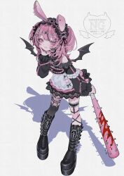 Rule 34 | 1girl, animal ears, apron, baseball bat, bat wings, black boots, black skirt, boots, commission, detached sleeves, fake animal ears, full body, gothic lolita, holding, jewelry, lolita fashion, medium hair, multiple rings, nail, nail (hardware), nail bat, nelta rene, original, pink eyes, pink hair, rabbit ears, ring, shadow, simple background, skeb commission, skirt, smile, solo, white apron, white background, wings