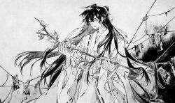 1123397662 1boy absurdres bandaged_arm bandaged_neck bandages bishounen branch chinese_clothes chinese_commentary coat coin coin_on_string dao_gui_yi_xian falling_petals floating_hair flower greyscale hair_between_eyes hair_bun hair_ribbon half_updo hanfu highres holding holding_branch holed_coin leaf li_huowang long_hair long_sleeves looking_at_object male_focus monochrome ofuda petals ribbon ribbon_trim robe single_hair_bun solo string talisman traditional_media very_long_hair wide_sleeves