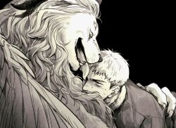 2boys black_background body_fur claws commentary_request dungeon_meshi extra_eyes fangs feathered_wings furrowed_brow furry furry_male hand_on_another&#039;s_back hand_up highres horns hug korean_commentary laios_touden licking licking_another&#039;s_face lion looking_at_another male_focus monochrome multiple_boys mungmnugmung open_mouth short_hair simple_background tongue tongue_out undercut upper_body very_short_hair winged_lion_(dungeon_meshi) wings