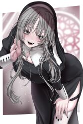 1girl :d absurdres bent_over breasts commentary_request cross cross_necklace grey_eyes grey_hair hand_on_own_thigh highres indie_virtual_youtuber jewelry kanaut_nishe large_breasts long_hair looking_at_viewer necklace open_mouth smile solo standing teeth thighhighs tongue virtual_youtuber white_thighhighs yaruku