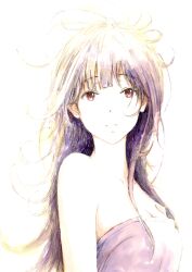 1girl absurdres bare_shoulders bbmasa breasts cleavage closed_mouth collarbone commentary_request hibike!_euphonium highres liz_to_aoi_tori long_hair looking_at_viewer messy_hair purple_hair red_eyes simple_background solo strapless traditional_media upper_body white_background yoroizuka_mizore