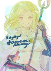 Rule 34 | 1girl, anniversary, aubz, blonde hair, border, breasts, brown eyes, cape, commentary, copyright name, countdown, english text, highres, holding, holding staff, long hair, looking at viewer, medium breasts, octopath traveler, octopath traveler i, ophilia clement, outside border, smile, solo, staff, standing, white border, white cape