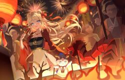 1girl absurdres aerial_fireworks alternate_costume architecture black_shirt blonde_hair blue_eyes blush breasts cartethyia_(wuthering_waves) chinese_clothes cleavage commentary earrings east_asian_architecture fireworks food hair_ribbon highres holding holding_food jacket jewelry lantern long_hair looking_at_viewer medium_breasts night open_mouth outdoors paper_lantern parted_bangs people pointy_ears ponya_0000 red_jacket red_ribbon ribbon shirt sidelocks skirt smile sock_puppet solo_focus tacet_mark_(wuthering_waves) tanghulu two_side_up very_long_hair white_skirt wuthering_waves