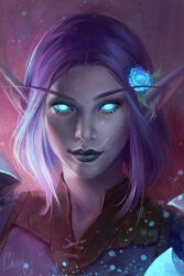 Rule 34 | 1girl, absurdres, blue eyes, blue flower, blue sclera, cher-ro, colored sclera, colored skin, elf, flower, grey skin, hair flower, hair ornament, highres, looking at viewer, night elf (warcraft), pointy ears, portrait, purple hair, scar, scar on face, short hair, signature, solo, warcraft, world of warcraft