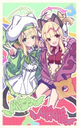 2girls absurdres alternate_costume animal_ear_headphones animal_ears black_shorts blonde_hair blue_archive breasts cat_ear_headphones cat_ears character_name dotted_background dress fake_animal_ears green_eyes green_halo halo hat headphones highres jacket kanikama_acedia long_sleeves looking_at_viewer midori_(blue_archive) momoi_(blue_archive) multiple_girls navel open_mouth pink_eyes pink_halo puffy_long_sleeves puffy_sleeves purple_jacket short_hair short_shorts shorts siblings sisters small_breasts teeth twins upper_teeth_only v white_dress white_hat