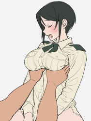 Rule 34 | 1boy, 1girl, absurdres, black hair, blush, bottomless, breasts, chouno ami, closed eyes, girls und panzer, grabbing another&#039;s breast, groping, hetero, highres, large breasts, male hand, onsen tamago (hs egg), open mouth, short hair, solo focus