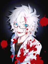 1boy black-framed_eyewear black_background blood blood_on_clothes blood_on_face blood_splatter blue_eyes brown_shirt chinese_commentary commentary_request glasses hair_between_eyes highres kanou_aogu lab_coat male_focus mo_yixia_zenmele open_clothes open_mouth saibou_shinkyoku shirt short_hair smile solo upper_body v-neck variant_set white_hair