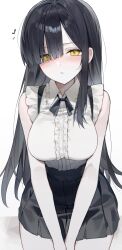 Rule 34 | 1girl, absurdres, black hair, black ribbon, black skirt, blush, breasts, check copyright, closed mouth, commission, copyright request, cowboy shot, dot nose, frilled shirt, frills, hair over one eye, highres, huu (dighapdlxm12), large breasts, light frown, long hair, miniskirt, neck ribbon, original, own hands together, ribbon, shirt, simple background, single sidelock, skirt, solo, v arms, very long hair, white background, white shirt