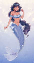 1girl aladdin_(movie) arabian_clothes bare_shoulders black_hair breasts brown_eyes cleavage dark-skinned_female dark_skin earrings harem_outfit harem_pants highres jasmine_(disney) jewelry long_hair looking_at_viewer mermaid mizala monster_girl navel necklace off_shoulder pants princess shirt smile solo very_long_hair