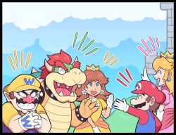 2girls 3boys ayyk92 blonde_hair blue_eyes bowser brooch brown_hair castle claws closed_eyes crown dress earrings facial_hair fat fat_man flower_brooch flower_earrings gloves grin hat horns jewelry long_hair looking_at_another mario mario_(series) multiple_boys multiple_girls mustache nintendo open_mouth orange_dress overalls pink_dress princess_daisy princess_peach puffy_short_sleeves puffy_sleeves red_hair short_sleeves smile spikes standing wario