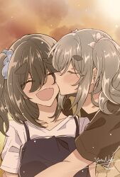 Rule 34 | 2girls, amamiya satsuki (mono), artist name, black dress, blush, brown hair, brown shirt, closed eyes, commentary, dress, english commentary, grey hair, highres, kiriyama an, kiss, kissing cheek, light particles, long hair, mono (afro), multiple girls, one side up, open mouth, outdoors, pinafore dress, shirt, sleeveless, sleeveless dress, smile, thick eyebrows, upper body, white shirt, yoruneko (liampadolina), yuri