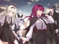 1boy 3girls arms_behind_back black_gloves black_hairband black_necktie black_pants black_ribbon black_suit black_vest blade_(honkai:_star_rail) blue_hair cloud collared_shirt commentary_request day dress eyewear_on_head firefly_(honkai:_star_rail) formal_clothes glasses gloves grey_eyes grey_hair hairband high_ponytail highres holding holding_sword holding_weapon honkai:_star_rail honkai_(series) jacket jacket_on_shoulders kafka_(honkai:_star_rail) long_hair multiple_girls neck_ribbon necktie outdoors pants pinafore_dress pince-nez ponytail puffy_short_sleeves puffy_sleeves purple_eyes red_necktie ribbon saint_laurent_paris shirt shirt_tucked_in short_sleeves silver_wolf_(honkai:_star_rail) sky sleeveless sleeveless_dress smile suit sunglasses sunrise suspenders sword vest waistcoat weapon white_shirt