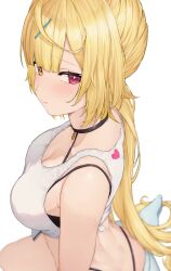 1girl amatou_(ko_me_9) bare_arms blonde_hair blunt_bangs blurry blush breasts cleavage closed_mouth commentary_request crop_top from_side hair_ornament heterochromia highleg highleg_panties highres hoshikawa_sara hoshikawa_sara_(1st_costume) large_breasts long_hair looking_at_viewer nijisanji panties panty_straps parted_bangs red_eyes shirt side_ponytail simple_background sitting soles solo tank_top tied_shirt underwear virtual_youtuber white_background white_tank_top x_hair_ornament yellow_eyes