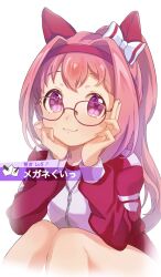 Rule 34 | 1girl, :3, animal ears, bespectacled, bow, closed mouth, commentary request, cropped legs, ear bow, feet out of frame, flower-shaped pupils, gameplay mechanics, glasses, grin, hair intakes, hairband, haru urara (umamusume), highres, horse ears, jacket, long hair, long sleeves, looking at viewer, moko39 takasora, pink hair, ponytail, puffy long sleeves, puffy sleeves, purple eyes, red-framed eyewear, red hairband, shirt, simple background, smile, solo, symbol-shaped pupils, track jacket, umamusume, white background, white bow, white jacket, white shirt
