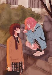Rule 34 | 2girls, aihara academy school uniform, blush, breasts, brown hair, citrus (saburouta), earrings, highres, jewelry, long hair, mamamia28825, medium breasts, mizusawa matsuri, multiple girls, necktie, pink hair, school uniform, shirt, skirt, smile, taniguchi harumi, yuri