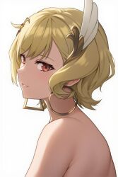 1girl bare_shoulders blonde_hair citrinne_(fire_emblem) earrings feather_hair_ornament feathers fire_emblem fire_emblem_engage hair_ornament highres hoop_earrings jewelry looking_at_viewer mismatched_earrings nintendo pyo_3300 red_eyes sage_outfit_(fire_emblem_engage) short_hair solo wing_hair_ornament