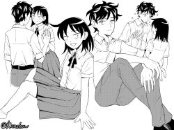 1boy 1girl :d :| ahoge back belt bien_(k2nshow) blush breast_pocket closed_mouth collared_shirt commentary_request crossed_ankles crossed_arms dress_shirt expressionless eye_contact flower foot_out_of_frame from_behind frown furrowed_brow futsuu_no_keion-bu greyscale hand_on_floor hand_up hands_on_own_knee hatono_chihiro height_difference hetero high_contrast highres holding_hands knees_up looking_at_another looking_at_viewer medium_hair mizuo_haruichi monochrome multiple_views open_mouth pants pleated_skirt pocket school_uniform shirt shirt_tucked_in short_hair short_sleeves simple_background skirt smile socks twitter_username white_background wing_collar
