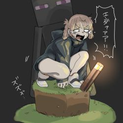 Rule 34 | 1girl, braid, enderman, ettone, grass, grey hair, hair ribbon, highres, hooded robe, minecraft, nanakusa nazuna (yofukashi no uta), open mouth, ribbon, robe, scared, solo, torch, twin braids, yofukashi no uta