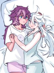 Rule 34 | 2girls, blue eyes, blue tank top, blush, commentary request, from above, grey eyes, gundam, gundam suisei no majo, hand on another&#039;s head, highres, holding hands, jappo, long hair, looking at another, miorine rembran, multiple girls, on bed, open mouth, pajamas, parted lips, pillow, purple shorts, red hair, shirt, short sleeves, shorts, smile, suletta mercury, tank top, thick eyebrows, white hair, white shirt, yuri