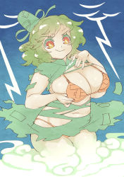 1girl bra breasts cleavage female_focus ghost_tail green_hair hat highres large_breasts looking_at_viewer orange_bra orange_eyes orange_panties panties plump short_hair smile soga_no_tojiko solo tate_eboshi thunder touhou tsuutenkaaku underwear