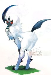1girl absol adversarial_noise animal_feet animal_hands artist_name ass barefoot bent_over body_fur bright_pupils claws colored_skin completely_nude dated female_focus from_behind full_body furry furry_female gen_3_pokemon grass grey_skin hand_on_own_knee hand_up kneepits legs looking_afar looking_back neck_fur nintendo nude parted_lips personification pokemon pokemon_(creature) red_eyes short_hair sidelocks signature simple_background solo standing thwillartz twitter_username white_background white_fur white_hair white_pupils white_theme
