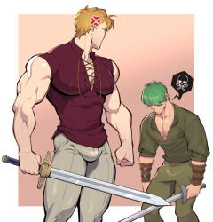 2boys absurdres anger_vein bara blonde_hair bracer bulge commentary commission covered_erect_nipples cross-laced_clothes cross-laced_top fire_emblem fire_emblem:_the_blazing_blade green_hair harken_(fire_emblem) highres holding holding_sword holding_weapon image_in_speech_bubble impossible_clothes impossible_shirt large_pectorals lowen_(fire_emblem) male_focus multiple_boys muscular muscular_male muto20002 nintendo pectoral_cleavage pectorals shirt short_hair simple_background skull_and_crossbones sword weapon