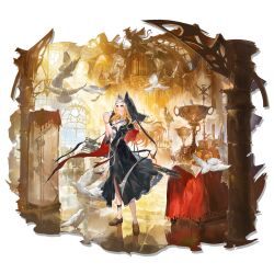 1girl absurdres alchemaniac archetto_(arknights) archetto_(glory_of_the_devout)_(arknights) arknights arrow_(projectile) bare_legs bird black_dress black_shawl blue_eyes church dress ears_under_headwear highres loafers looking_to_the_side multicolored_eyes no_socks nun official_alternate_costume official_art orange_hair pigeon praying red_eyes red_shawl shawl shoes solo traditional_nun white_bird