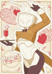 1boy absurdres animal_ears ant_tenna bendy_straw black_bow black_bowtie black_gloves blush bow bowtie ch1ll1a character_name commentary cowboy_shot crt cup deltarune drinking_glass drinking_straw english_commentary english_text fake_animal_ears gloves highres holding holding_tray humanoid_robot male_focus male_playboy_bunny object_head pointy_nose rabbit_ears rabbit_tail robot smile solo tail tailcoat tray twitter_username