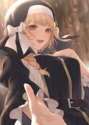 Rule 34 | 1girl, belt, black dress, black veil, blonde hair, braid, brown eyes, dress, looking at viewer, n (m ohkamotoh), nun, open mouth, original, reaching, reaching towards viewer, single braid, smile, solo, teeth, upper body, upper teeth only, veil