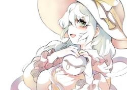 1girl :d black_hat blush bow breasts buttons diamond_button frilled_shirt_collar frilled_sleeves frills green_eyes green_hair hat hat_bow hat_ribbon highres komeiji_koishi long_hair medium_breasts open_mouth pale_color ribbon sayakata_katsumi shirt single_tear smile solo third_eye touhou upper_body white_background yellow_bow yellow_ribbon yellow_shirt