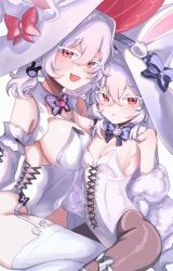 2girls breasts chachacha_0607 colored_eyelashes detached_sleeves fang highres large_breasts long_hair looking_at_viewer multiple_girls open_mouth original red_eyes short_hair skin_fang small_breasts white_eyelashes white_hair