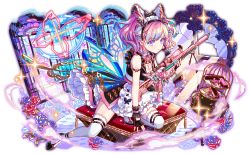 1girl alternate_costume alternate_hair_ornament alternate_wing_color anime_coloring apron aqua_flower aqua_hair aqua_ribbon aqua_rose aqua_wings arm_strap artist_request belt belt_buckle bipod black_bow black_footwear black_gloves black_hairband black_jacket black_skirt black_wrist_cuffs blue_flower blue_petals blue_rose bow breasts broken_glass buckle bullet butterfly_ornament butterfly_wings cleavage closed_mouth collar collared_jacket crack cracked_glass crash_fever cropped_jacket cropped_shirt cushion dot_nose expressionless fingerless_gloves fingernails flower frilled_apron frilled_bow frills full_body game_cg glass gloves gold_buckle gun hair_bow hairband half-skirt handgun heart_ring_strap insect_wings jacket lace lace-trimmed_thighhighs lace_trim leather leather_jacket legwear_garter light_particles looking_at_viewer magazine_(weapon) medium_breasts multicolored_hair nail_polish neck_ribbon number_tattoo numbered official_alternate_costume official_alternate_hair_ornament official_alternate_wing_color official_art outline petticoat pink_belt pink_eyes pink_flower pink_hair pink_nails pink_petals pink_ribbon pink_rose red_flower red_outline red_rose ribbon ribbon-trimmed_bow ribbon_trim rifle rose rug scope see-through_clothes see-through_wings shirt short_hair shoulder_tattoo sitting skirt sleeveless sleeveless_jacket sniper_rifle solo square square_tattoo strappy_heels streaked_hair tachi-e tattoo thighhighs third-party_source titania_(crash_fever) too_many_flowers transparent_background two-tone_flower two-tone_hair two-tone_rose two_side_up wavy_hair weapon white_apron white_bow white_collar white_headdress white_petticoat white_shirt white_thighhighs window wings wrist_belt wrist_cuffs