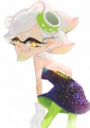 +_+ 1girl artist_name black_dress bow-shaped_hair detached_collar dress earrings food food_on_head gloves gradient_hair green_pantyhose grey_hair grin hand_on_own_knee hoop_earrings inkling jewelry leaning_forward marie_(splatoon) marie_(squid_sisters_outfit)_(splatoon) mole mole_under_eye multicolored_hair nintendo object_on_head pantyhose pointy_ears short_dress smile solo splatoon_(series) strapless strapless_dress sushi swept_bangs tentacle_hair updo white_gloves yellow_eyes you_ha