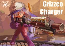1girl baseball_cap black-framed_eyewear bluesky_username boots closed_mouth commentary earrings foot_out_of_frame glasses gloves grey_hat grizzco_charger_(splatoon) hat holding holding_weapon hoop_earrings inkling_girl inkling_player_character jewelry lifebuoy long_hair nintendo overalls pink_eyes pink_overalls pointy_ears purple_boots purple_gloves purple_hair round_eyewear rubber_boots rubber_gloves salmon_run_(splatoon) shirt smile solo splatoon_(series) splatoon_3 standing swim_ring symbol-only_commentary tentacle_hair totocosakana weapon weapon_name white_shirt