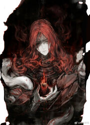 1boy animal armor base_serpent_messmer black_background black_eyes blood blood_on_face blood_on_hands closed_eyes elden_ring elden_ring:_shadow_of_the_erdtree eye_injury fire flame-tipped_tail highres kikihuihui long_hair male_focus messmer_the_impaler red_hair snake snake_on_shoulder solo tail