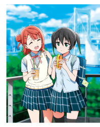 2girls ^_^ artbook bag black_hair black_thighhighs blunt_bangs bow braid braided_bun cheek_poking closed_eyes collared_shirt crepe cup day dress_shirt drinking_straw food gradient_hair green_eyes green_hair hair_between_eyes hair_bun hair_ornament hairclip hairpin highres holding holding_cup holding_food love_live! love_live!_nijigasaki_high_school_idol_club medium_hair multicolored_hair multiple_girls neck_ribbon nijigasaki_school_uniform non-web_source official_art open_mouth outdoors pink_hair plaid_clothes plaid_skirt pleated_skirt poking railing ribbon sandwich school_uniform shirt short_sleeves single_hair_bun single_side_bun skirt sky smile summer_uniform sweater_vest swept_bangs takasaki_yu thighhighs twintails two-tone_hair uehara_ayumu white_shirt