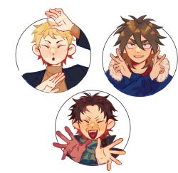 Rule 34 | 3boys, arm up, atou haruki, black jacket, blonde hair, blue jacket, brown hair, brown sweater, chinese commentary, closed eyes, commentary request, fangs, fur-trimmed jacket, fur trim, green eyes, green scarf, grin, hair between eyes, hand up, hands up, harada minoru, heart, heart in mouth, isoi reiji, jacket, laomiao409, long sleeves, male focus, medium hair, multiple boys, open clothes, open jacket, open mouth, red shirt, saibou shinkyoku, sanpaku, scar, scar on face, scar on forehead, scarf, shirt, short hair, smile, sweater, thick eyebrows, turtleneck, turtleneck sweater, white background, yona yona dance