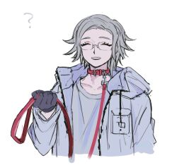 1boy ? aotsuki_eito black_gloves closed_eyes collar collarbone eyelashes glasses gloves grey_hair hand_up holding holding_leash holding_own_leash jacket leash long_sleeves male_focus open_clothes open_jacket open_mouth shirt simple_background solo solo_focus the_hundred_line_-last_defense_academy- upper_body white_background white_jacket white_shirt