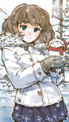10s 1girl blue_eyes blush coat eyebrows female_focus fringe_trim gloves green_eyes heterochromia highres idolmaster idolmaster_cinderella_girls mole mole_under_eye orz_(orz57) short_hair skirt smile snowman solo sparkle takagaki_kaede winter winter_clothes winter_coat