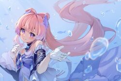 1girl bare_shoulders blue_bow blush bow bow-shaped_hair breasts bubble closed_mouth collarbone detached_collar fish genshin_impact gloves horns japanese_clothes jewelry long_hair long_sleeves multicolored_hair nontraditional_miko pink_hair purple_eyes ririru sangonomiya_kokomi small_breasts smile streaked_hair underwater very_long_hair vision_(genshin_impact) white_gloves wide_sleeves